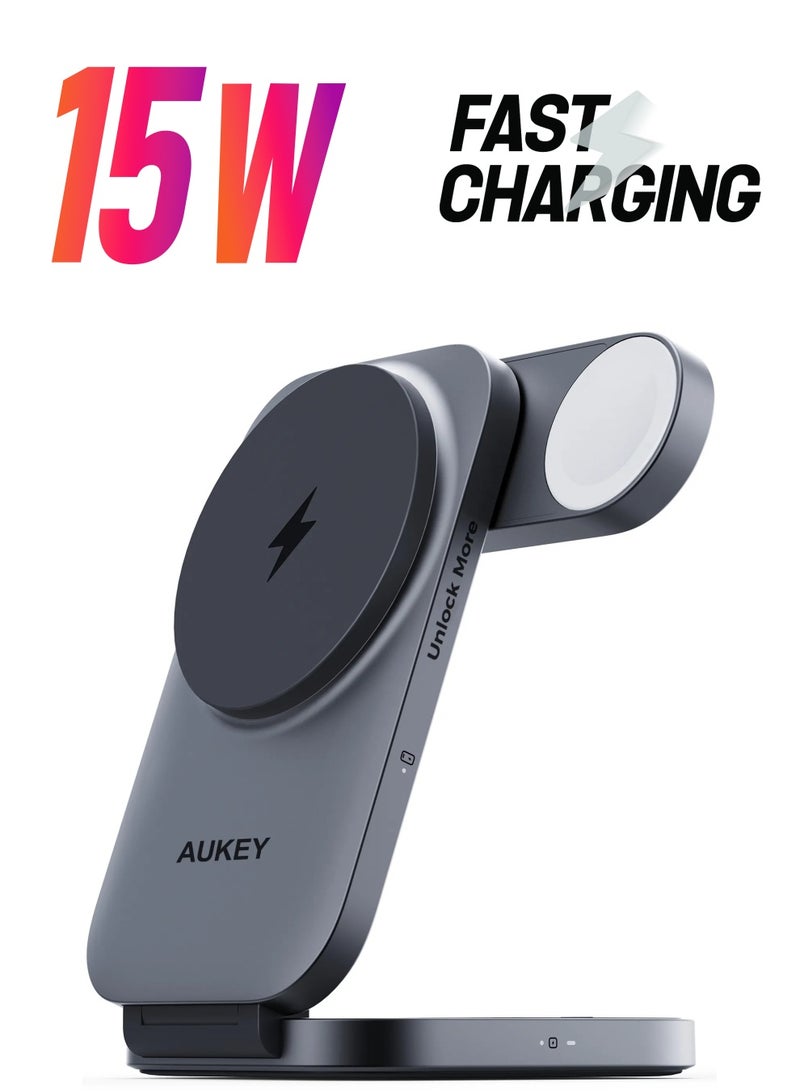 Aukey - LC-MC312 MagFusion Z Qi2 3-in-1 Foldable Magnetic Fast Wireless Charging Station Grey - Image 1