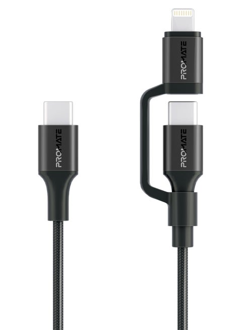 3-in-1 MFI Lightning And USB-C Cable With Interchangeable Connectors,60W USB-C Output,27W Lightning Output, 480Mbps Data Transfer, Sync & Charge, Tangle-Free Nylon Braided, PowerLink-CCi Black