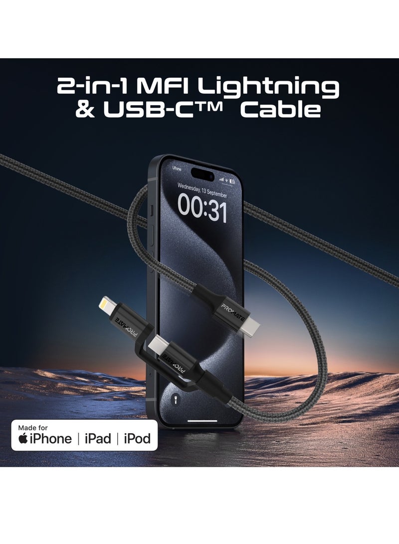PROMATE - 3-in-1 MFI Lightning And USB-C Cable With Interchangeable Connectors,60W USB-C Output,27W Lightning Output, 480Mbps Data Transfer, Sync & Charge, Tangle-Free Nylon Braided, PowerLink-CCi Black - Image 1