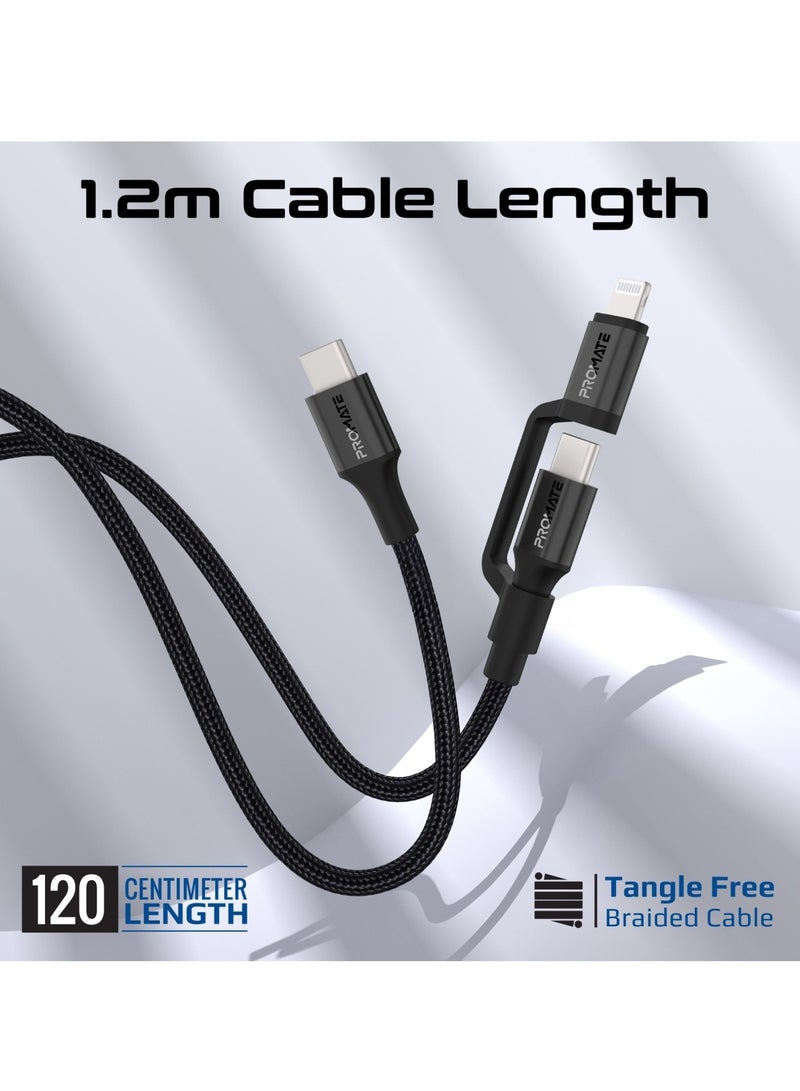 PROMATE - 3-in-1 MFI Lightning And USB-C Cable With Interchangeable Connectors,60W USB-C Output,27W Lightning Output, 480Mbps Data Transfer, Sync & Charge, Tangle-Free Nylon Braided, PowerLink-CCi Black - Image 1