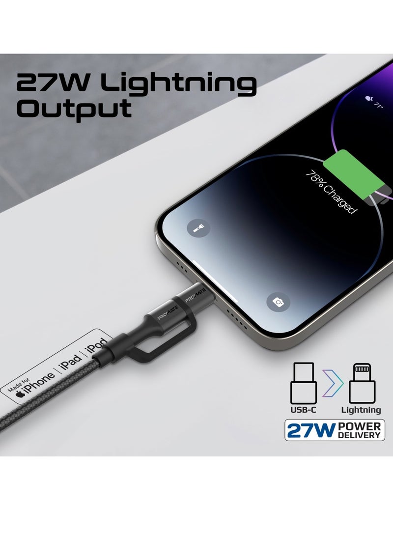 PROMATE - 3-in-1 MFI Lightning And USB-C Cable With Interchangeable Connectors,60W USB-C Output,27W Lightning Output, 480Mbps Data Transfer, Sync & Charge, Tangle-Free Nylon Braided, PowerLink-CCi Black - Image 1