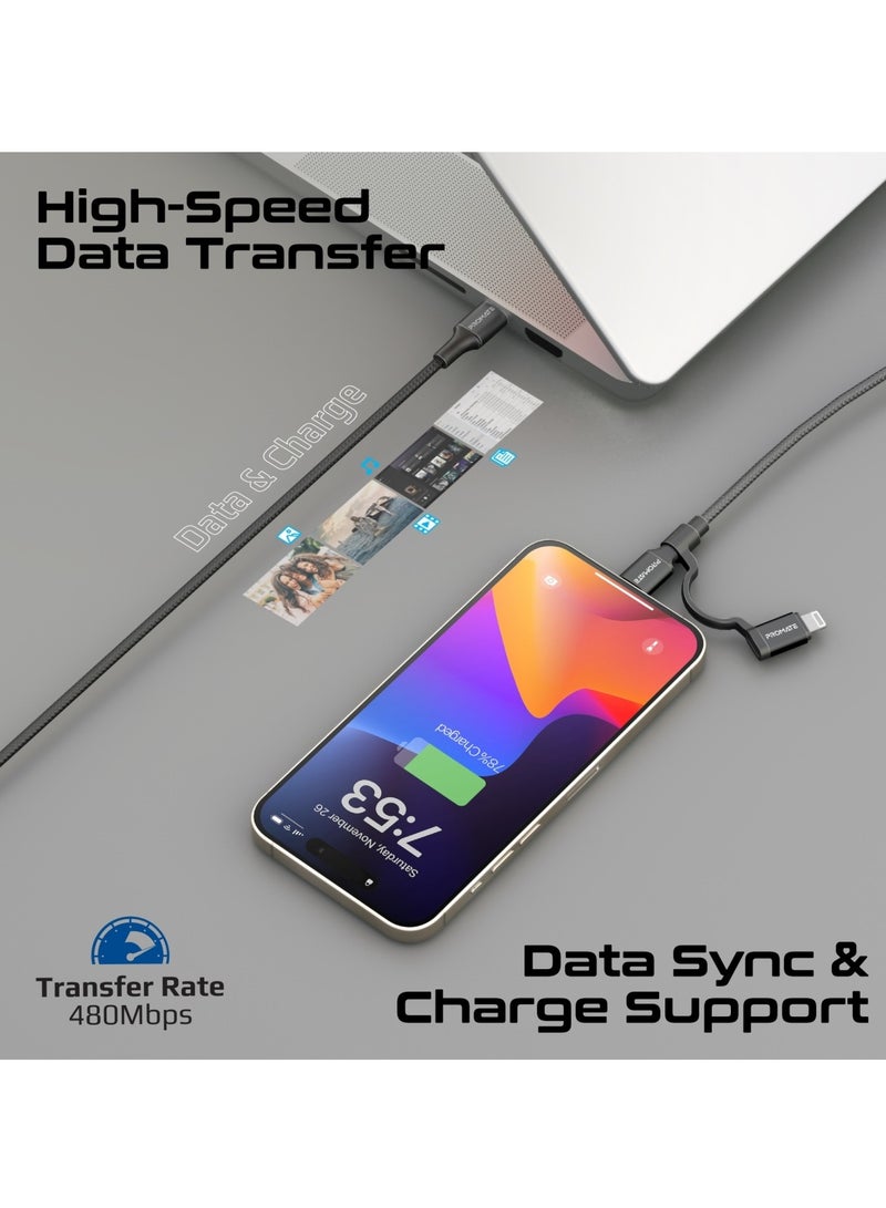 PROMATE - 3-in-1 MFI Lightning And USB-C Cable With Interchangeable Connectors,60W USB-C Output,27W Lightning Output, 480Mbps Data Transfer, Sync & Charge, Tangle-Free Nylon Braided, PowerLink-CCi Black - Image 1