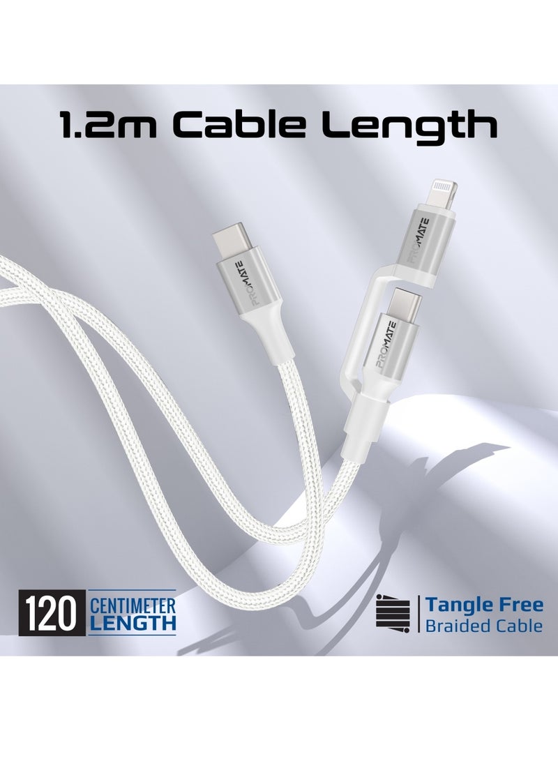 PROMATE - 3-in-1 MFI Lightning And USB-C Cable With Interchangeable Connectors,60W USB-C Output,27W Lightning Output, 480Mbps Data Transfer, Sync & Charge, Tangle-Free Nylon Braided, PowerLink-CCi White - Image 1
