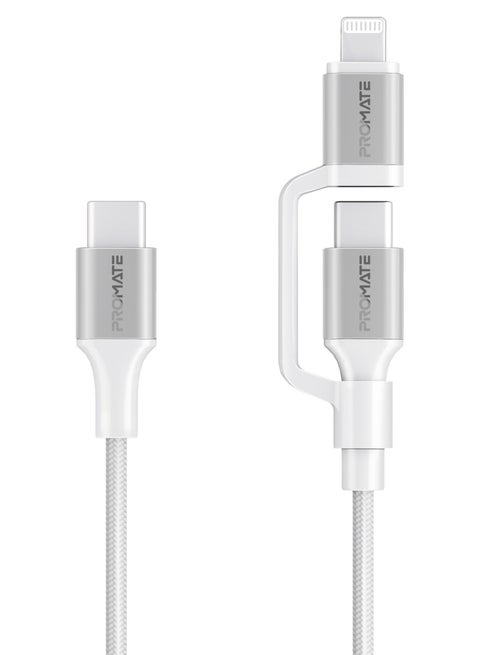 3-in-1 MFI Lightning And USB-C Cable With Interchangeable Connectors,60W USB-C Output,27W Lightning Output, 480Mbps Data Transfer, Sync & Charge, Tangle-Free Nylon Braided, PowerLink-CCi White