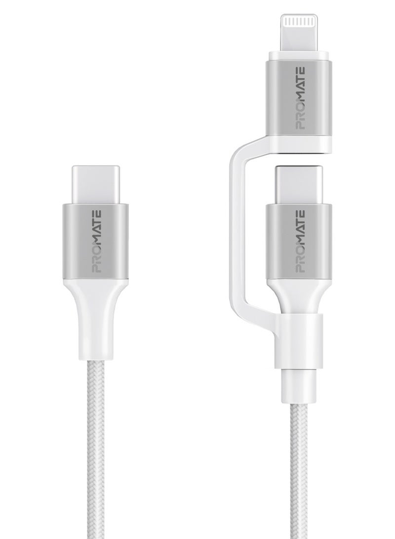 PROMATE - 3-in-1 MFI Lightning And USB-C Cable With Interchangeable Connectors,60W USB-C Output,27W Lightning Output, 480Mbps Data Transfer, Sync & Charge, Tangle-Free Nylon Braided, PowerLink-CCi White - Image 1