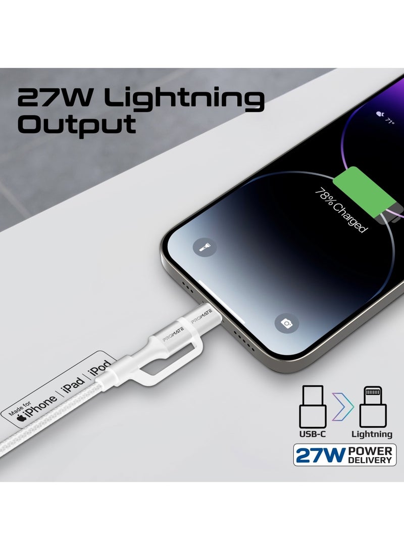 PROMATE - 3-in-1 MFI Lightning And USB-C Cable With Interchangeable Connectors,60W USB-C Output,27W Lightning Output, 480Mbps Data Transfer, Sync & Charge, Tangle-Free Nylon Braided, PowerLink-CCi White - Image 1