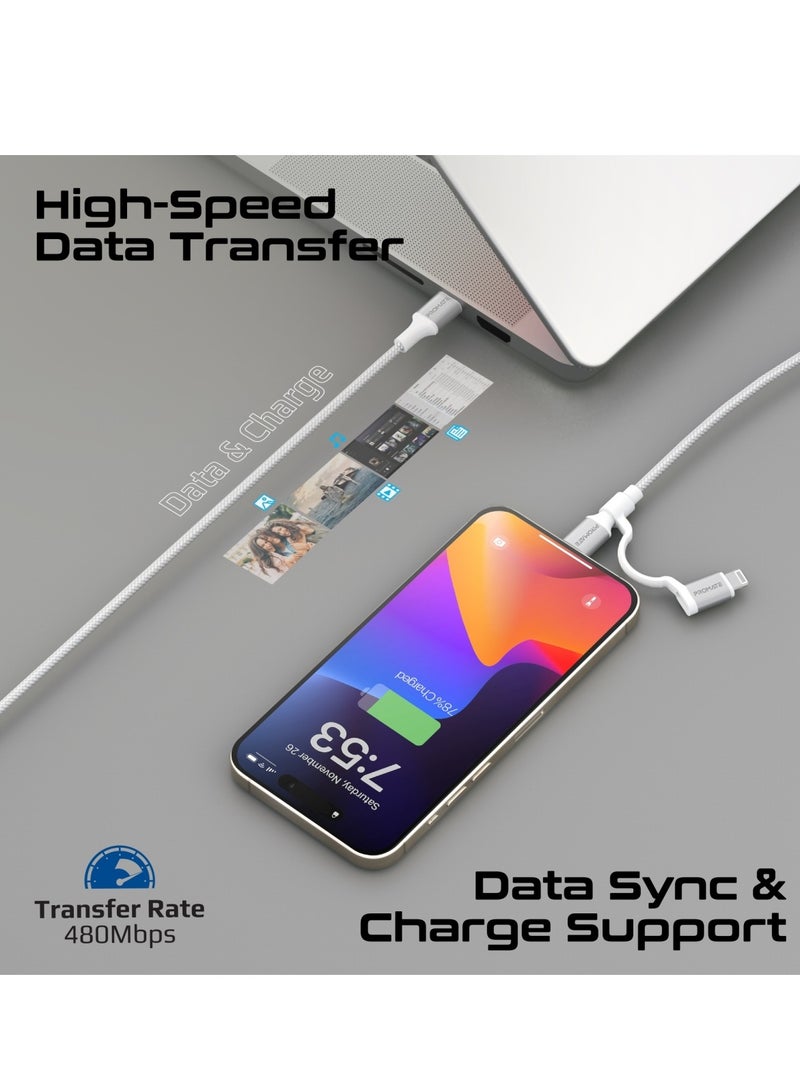 PROMATE - 3-in-1 MFI Lightning And USB-C Cable With Interchangeable Connectors,60W USB-C Output,27W Lightning Output, 480Mbps Data Transfer, Sync & Charge, Tangle-Free Nylon Braided, PowerLink-CCi White - Image 1