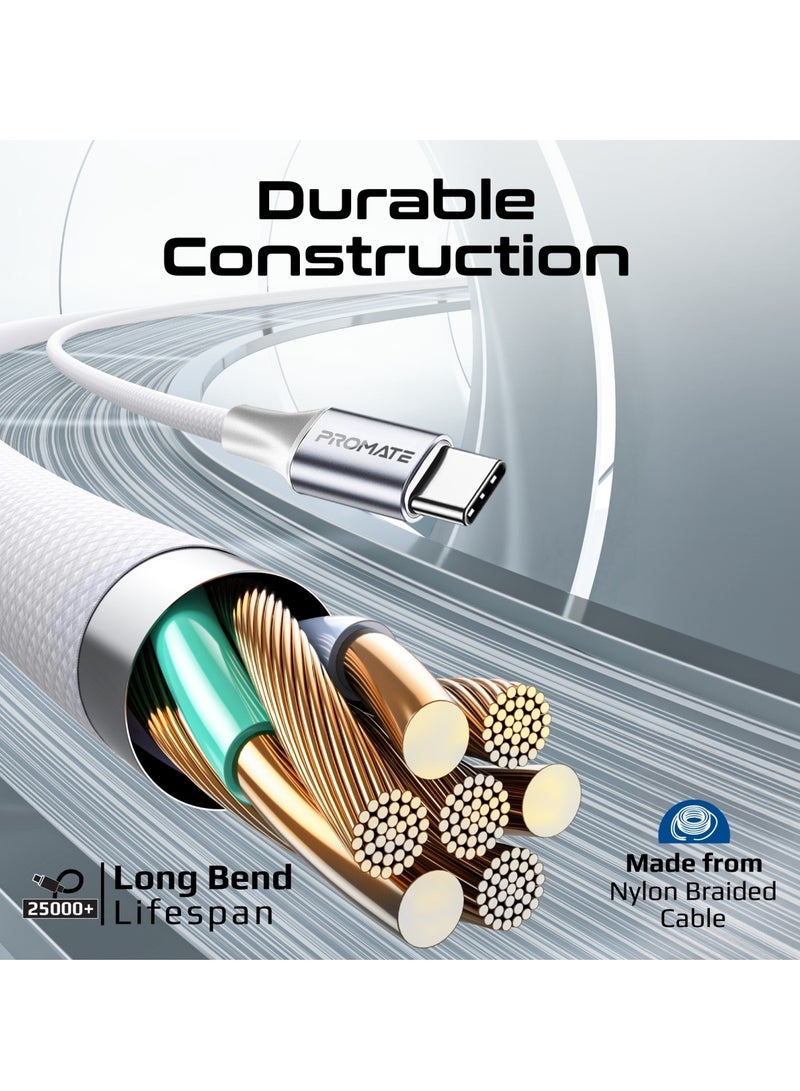 PROMATE - 3-in-1 MFI Lightning And USB-C Cable With Interchangeable Connectors,60W USB-C Output,27W Lightning Output, 480Mbps Data Transfer, Sync & Charge, Tangle-Free Nylon Braided, PowerLink-CCi White - Image 1