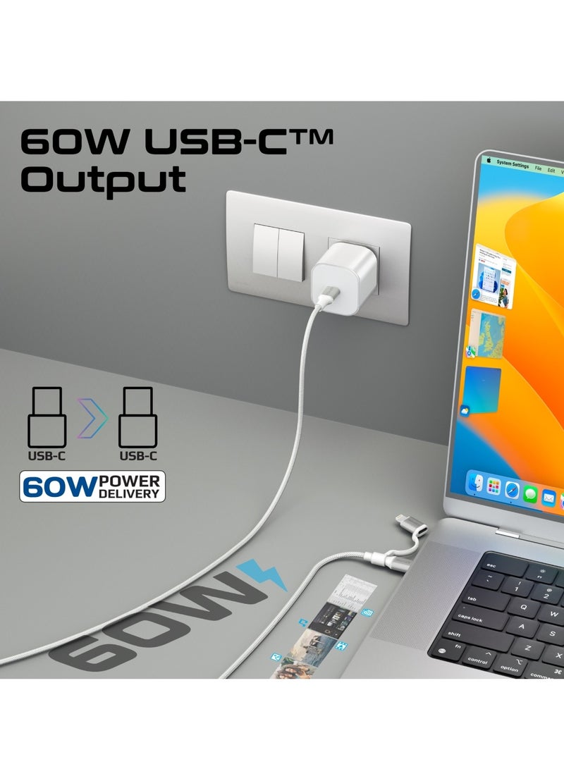 PROMATE - 3-in-1 MFI Lightning And USB-C Cable With Interchangeable Connectors,60W USB-C Output,27W Lightning Output, 480Mbps Data Transfer, Sync & Charge, Tangle-Free Nylon Braided, PowerLink-CCi White - Image 1