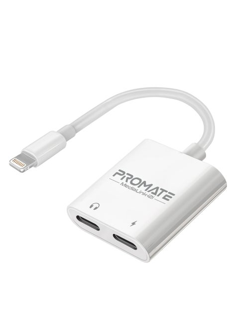 2-in-1 Lightning Port Adapter with Dual Lightning Ports, Simultaneous Audio and Charge Support, Excellent Sound Performance, Sleek Portable Design, for iOS 7 And Above, MediaLink-i2i White