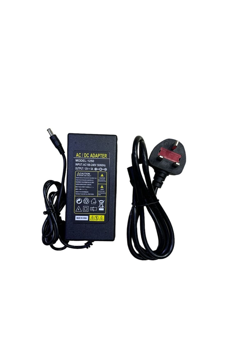 HCE - Transformer 12V 5A 60W Power Supply AC/DC For LED Strip Power Adapter Supply Driver With IEC Connector Power Cord Black - Image 1