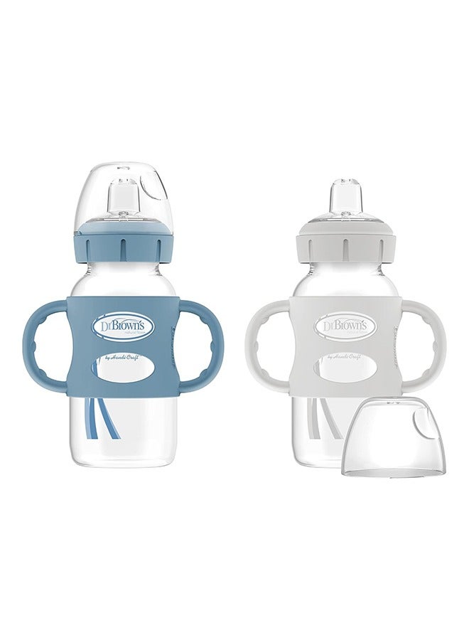 Dr. Brown’s Pack Of 2 Milestones Wide-Neck Sippy Bottle With Silicone Handles 9Oz, Light-Blue And Grey, 6M+ - Image 1