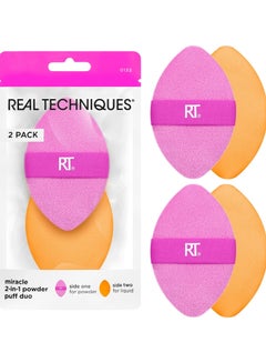 REAL TECHNIQUES Miracle 2-In-1 Powder Puff Duo, Dual-Sided Makeup Blending Puff, Reversible Elastic Band, Precision Makeup Sponge & Powder Puff, For Liquid, Cream & Powder Products, 2 Count Multicolor  - Image 1