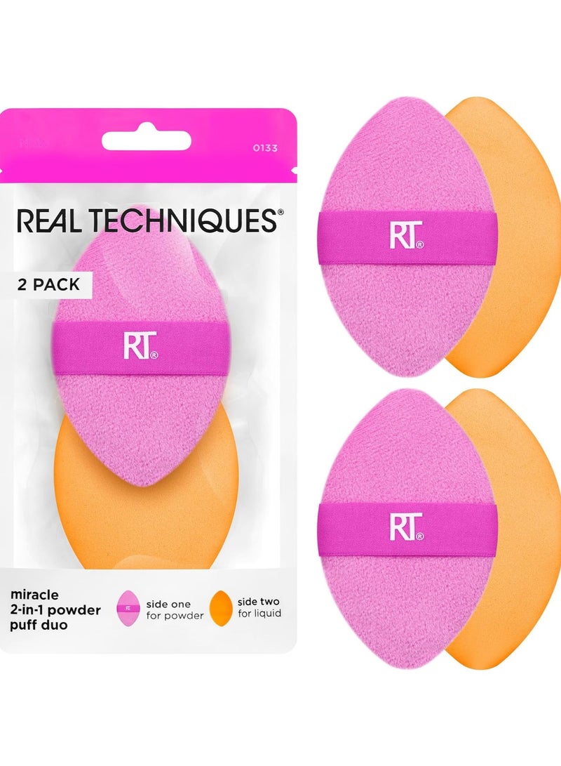 REAL TECHNIQUES Miracle 2-In-1 Powder Puff Duo, Dual-Sided Makeup Blending Puff, Reversible Elastic Band, Precision Makeup Sponge & Powder Puff, For Liquid, Cream & Powder Products, 2 Count Multicolor - Image 1