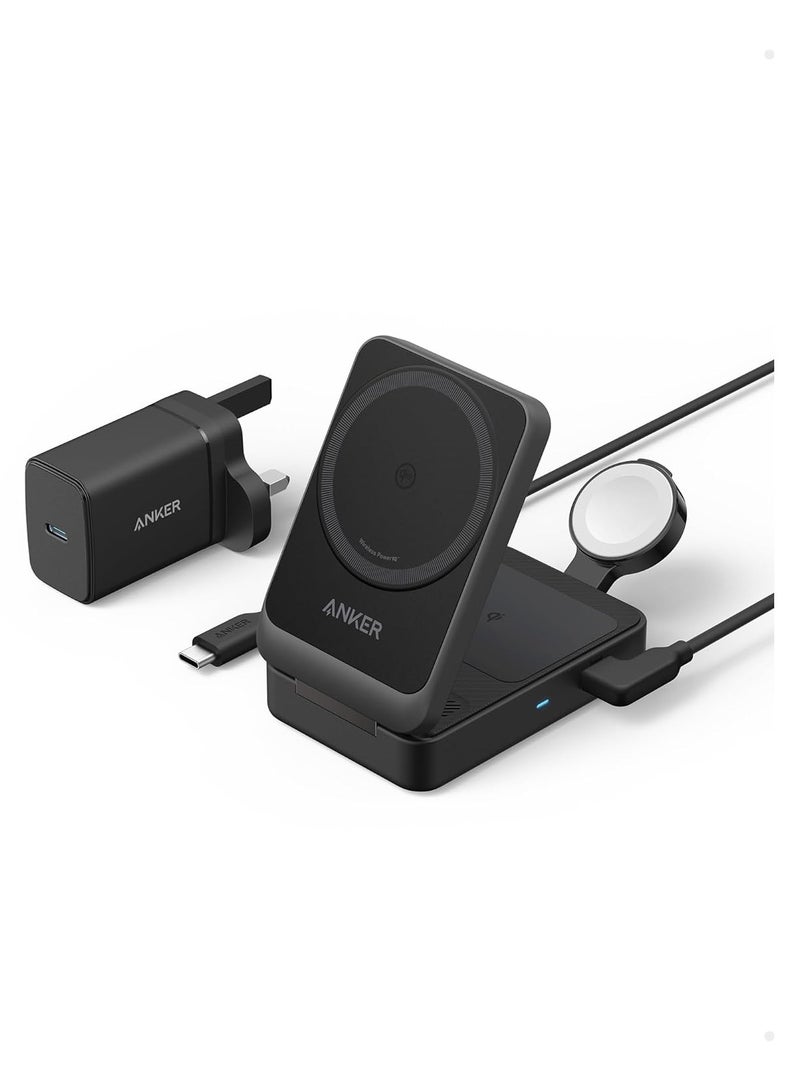 Anker MagSafe Charger Compatible, MagGo 3-in-1 Wireless Charging Station, Qi2 Certified 15W Wireless Stand, Apple Watch Charger for MagSafe, For iPhone 15, AirPods (40W USB C Charger Included) - Black  - Image 1
