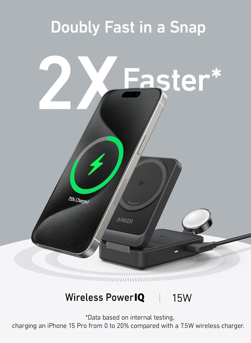 Anker MagSafe Charger Compatible, MagGo 3-in-1 Wireless Charging Station, Qi2 Certified 15W Wireless Stand, Apple Watch Charger for MagSafe, For iPhone 15, AirPods (40W USB C Charger Included) - Black  - Image 2