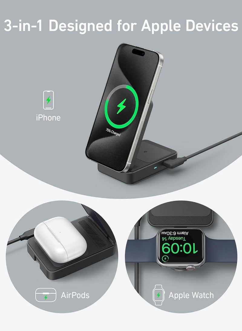 Anker MagSafe Charger Compatible, MagGo 3-in-1 Wireless Charging Station, Qi2 Certified 15W Wireless Stand, Apple Watch Charger for MagSafe, For iPhone 15, AirPods (40W USB C Charger Included) - Black  - Image 5