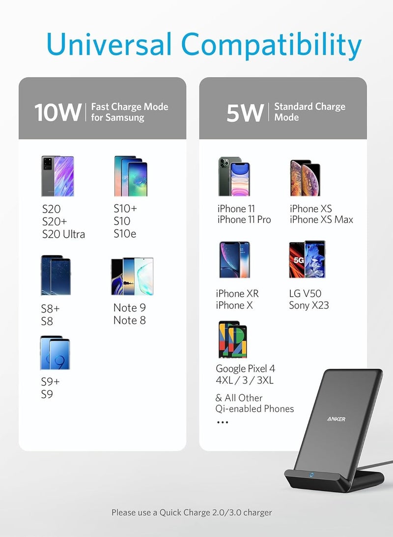 Anker - Wireless Charger, PowerWave Stand, Qi-Certified for iPhone 15/14/13/12 Series, SE, 11, 11 Pro, 11 Pro Max, XR, Xs Max, 10W Fast-Charging Galaxy S20 S10 S9 S8, Note 10 (No AC Adapter) Black - Image 1