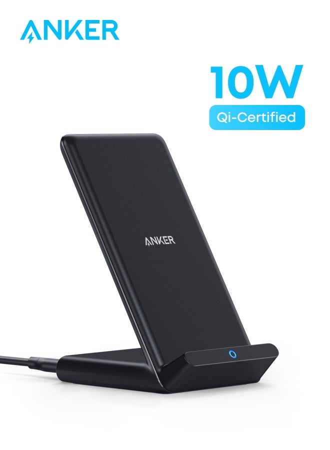 Anker Wireless Charger, PowerWave Stand, Qi-Certified for iPhone 16/15/14/13/12 Series, SE, 11, 11 Pro, 11 Pro Max, XR, Xs Max, 10W Fast-Charging Galaxy S25/S24/S23/S22/S21/S20/S10/S9, Note 10 (No AC Adapter) Black  - Image 1
