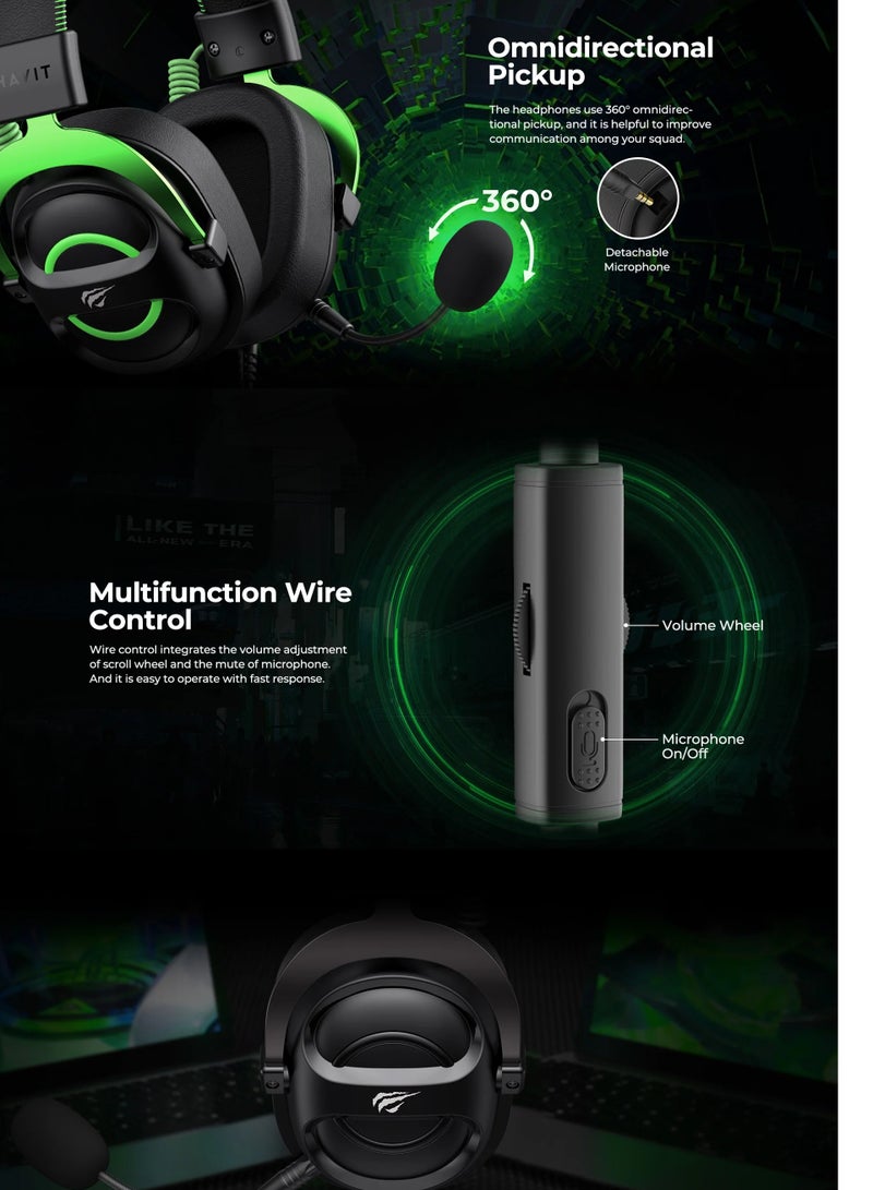 havit - HAVIT GAMING HEADPHONES BLACK-GREEN H2002E with Noise Cancellation, Adjustable Headband, Gaming - Surround Headset - Image 1