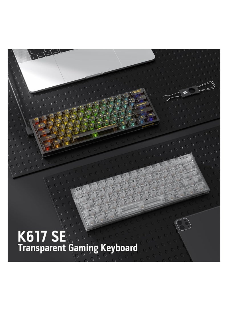 ريدراجون - لوحة مفاتيح ألعاب K617 SE 60% سلكية RGB، لوحة مفاتيح ميكانيكية شفافة بالكامل مكونة من 61 مفتاحًا مع لوحة شفافة، مفتاح خطي مخصص، تدعم برامج التشغيل/البرامج الاحترافية - Image 1