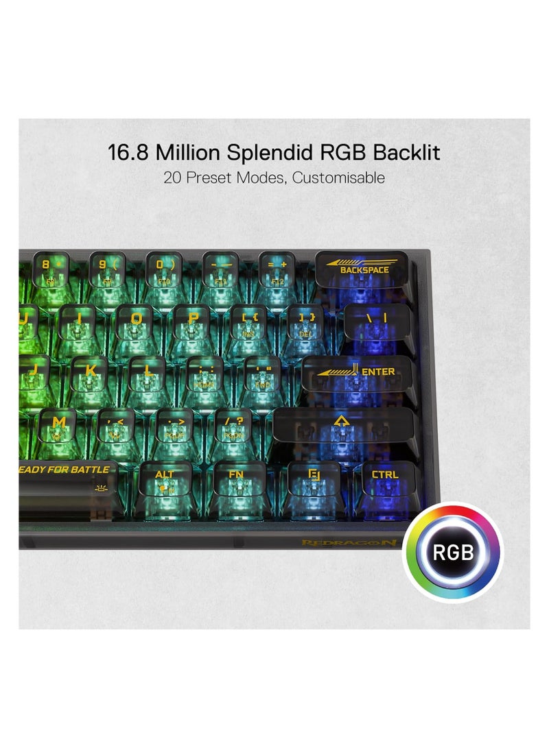ريدراجون - لوحة مفاتيح ألعاب K617 SE 60% سلكية RGB، لوحة مفاتيح ميكانيكية شفافة بالكامل مكونة من 61 مفتاحًا مع لوحة شفافة، مفتاح خطي مخصص، تدعم برامج التشغيل/البرامج الاحترافية - Image 1