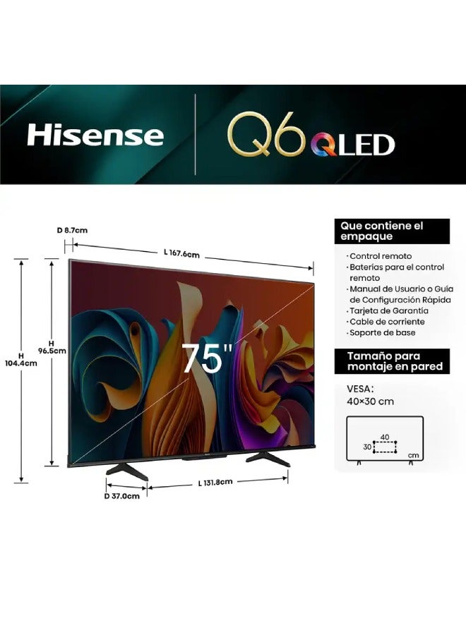 Hisense - 75 inch 4K Smart QLED TV 60 Hz HDMI 3 USB2 75Q6N Black - Image 1