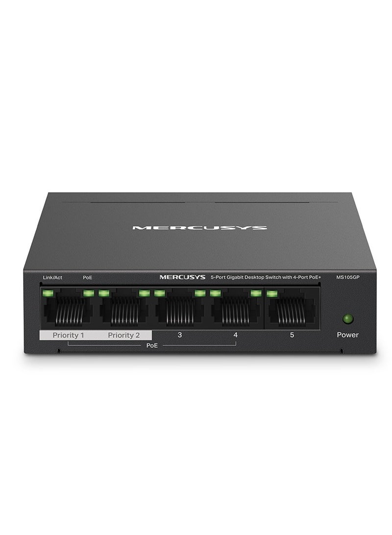 MERCUSYS MS105GP 5-Port Gigabit Desktop Switch with 4-Port PoE+ Black  - Image 1
