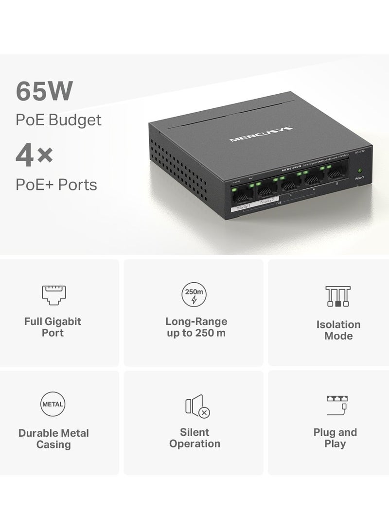 MERCUSYS MS105GP 5-Port Gigabit Desktop Switch with 4-Port PoE+ Black  - Image 4
