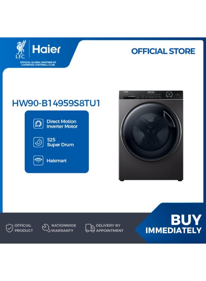 Washing Machine 9 KG Front Loading,  WiFi Haismart Direct Motion inverter Motor 525mm Super Drum Steam 1400 RPM - HW90-B14959S6TU1 silver