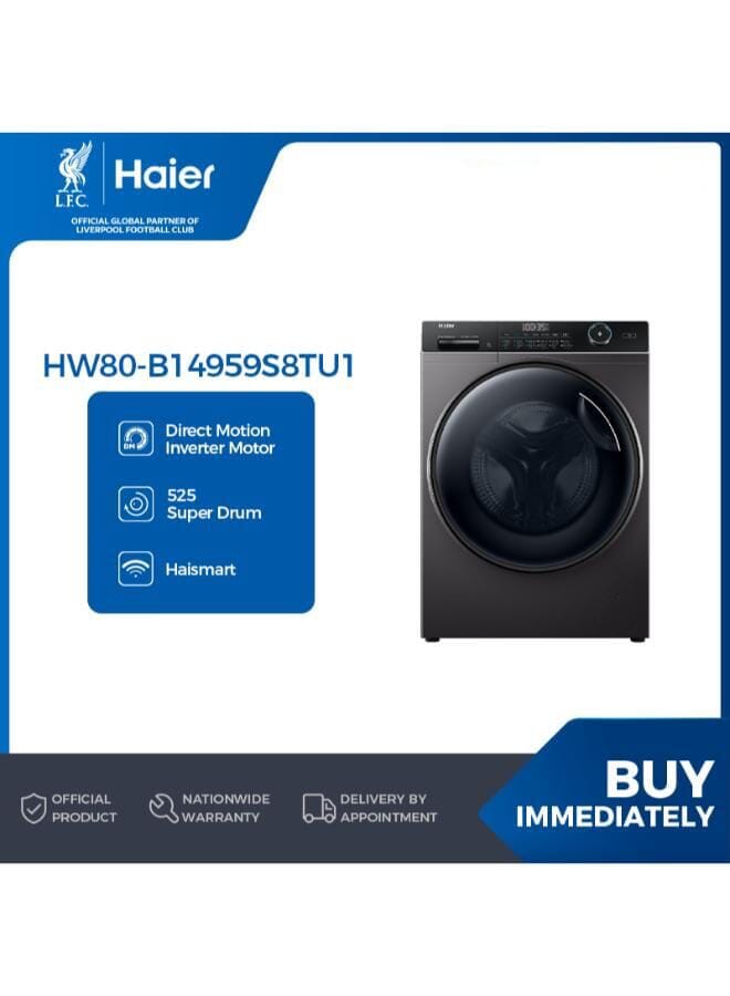 Washing Machine 8 KG Front Loading  ,WiFi Haismart Direct Motion inverter Motor 525mm Super Drum Steam - HW80-B14959S8TU1 Dark silver