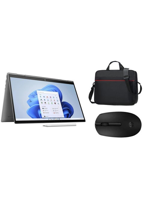 2023 Envy x360 2-In-1 (Upgraded Version) Laptop With 15.6 Inch FHD Display, Core i7-1355U Processor/64GB RAM/2TB SSD/Intel Iris XE Graphics/Windows 11 With Styles Pen English/Arabic Platinum Grey (Mouse +  Bag)
