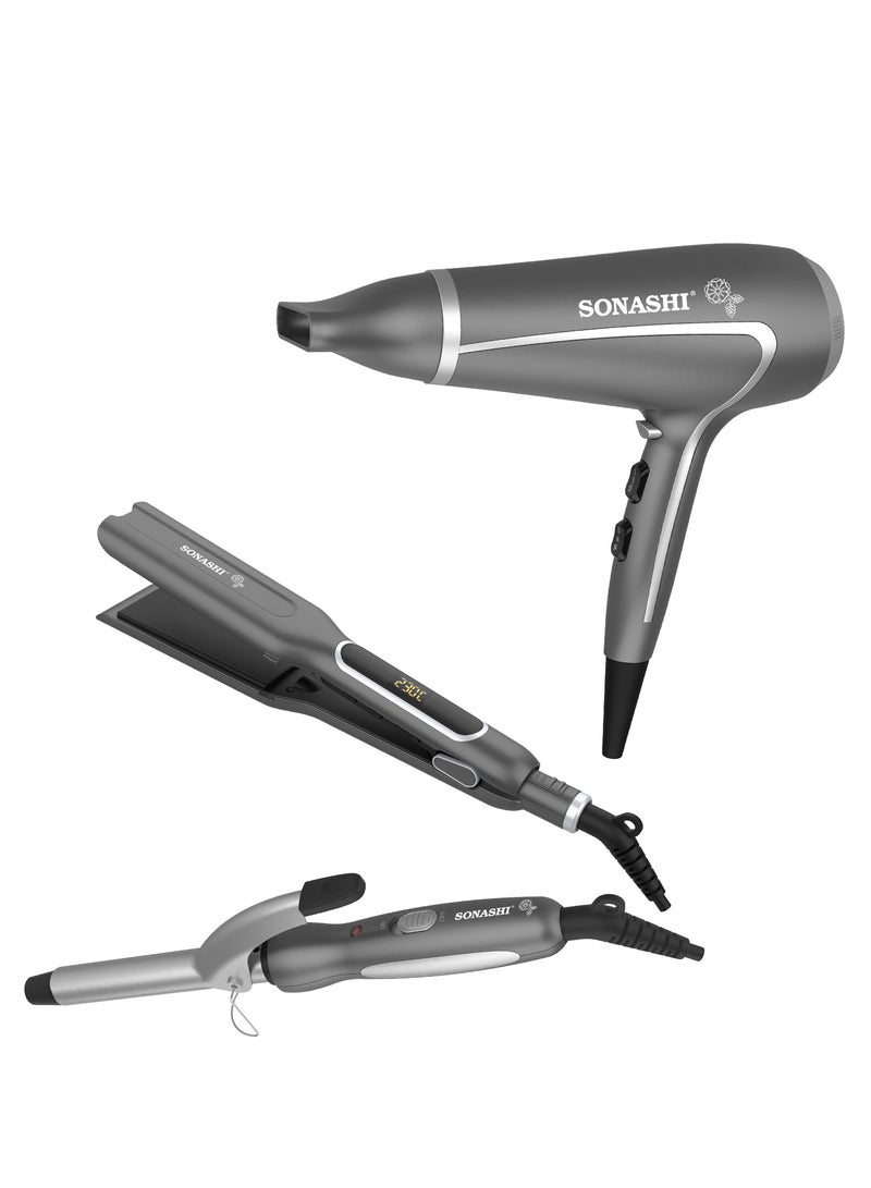 SONASHI - 3in1 Hair Dressing Set With Hair Dryer Hair Straightener And Hair Curler Featured With Ceramic Plates Wet And Dry Function Light Indicator 360 Swivel  SBS-800 Grey - Image 1
