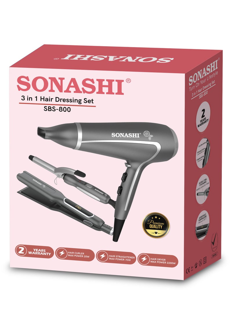 SONASHI - 3in1 Hair Dressing Set With Hair Dryer Hair Straightener And Hair Curler Featured With Ceramic Plates Wet And Dry Function Light Indicator 360 Swivel  SBS-800 Grey - Image 1