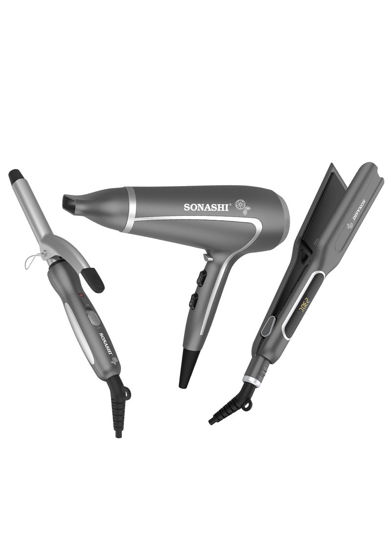 SONASHI - 3in1 Hair Dressing Set With Hair Dryer Hair Straightener And Hair Curler Featured With Ceramic Plates Wet And Dry Function Light Indicator 360 Swivel  SBS-800 Grey - Image 1