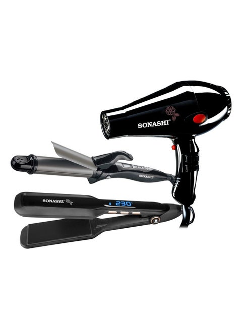 3 Piece Hair Styling Set Straightener, Curler And Dryer Combo Black
