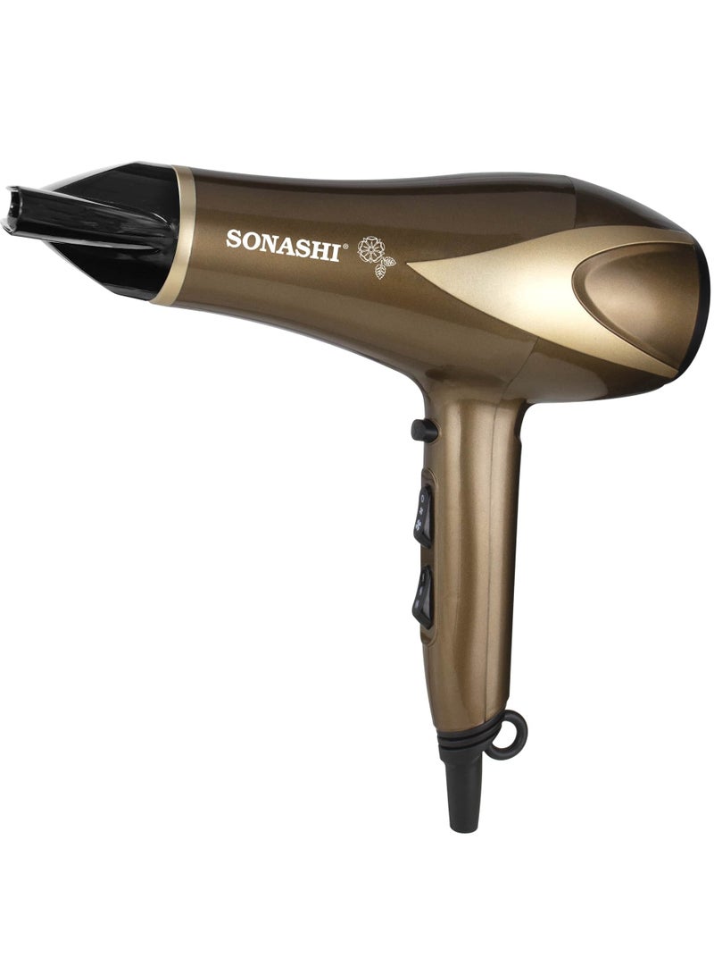 SONASHI Hair Dryer  Cold And Hot Wind DC Motor  2 Speed And Heat Settings With Overheat Protection Featured With Cool Shot Function And HangUp Hook Fast Hair Dryer With Ionic Conditioning  SHD-5006 Brown/Gold  - Image 1