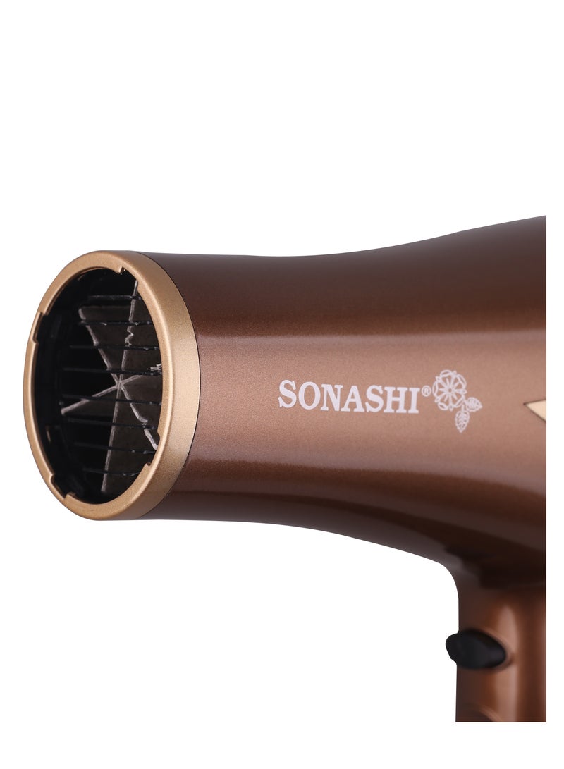 SONASHI Hair Dryer  Cold And Hot Wind DC Motor  2 Speed And Heat Settings With Overheat Protection Featured With Cool Shot Function And HangUp Hook Fast Hair Dryer With Ionic Conditioning  SHD-5006 Brown/Gold  - Image 5