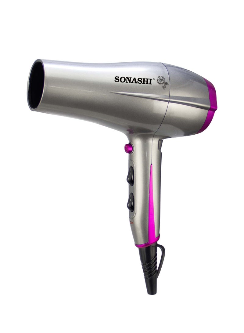 SONASHI Powerful Hair Dryer With 2 Speed And 3 Heat Settings, Cool Shot Function Hot and Cold, Wind, DC Motor, Hang-up Hook, Overheat Protection, Concentrator Nozzle For Powerful Drying Performance SHD-5010 Silver/Pink  - Image 2