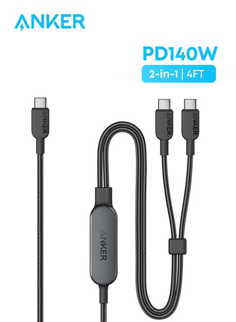 كابل Anker USB C، كابل USB C إلى USB C 2 في 1 بطول 4 أقدام، 140 وات بحد أقصى، شحن سريع لهاتف iPhone 15/15 Pro/15 Pro Max/15 Plus، وSamsung S24/S23، وMacBook Air/Pro، وLenovo، وHP، وiPad، والمزيد (USB 2.0، مضفر)