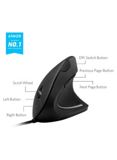 Anker Vertical ergonomic optical mouse – USB cable compatible, for right handers, hand and joint comfort, 1000/1600 DPI, 5 Buttons Black  - Image 2