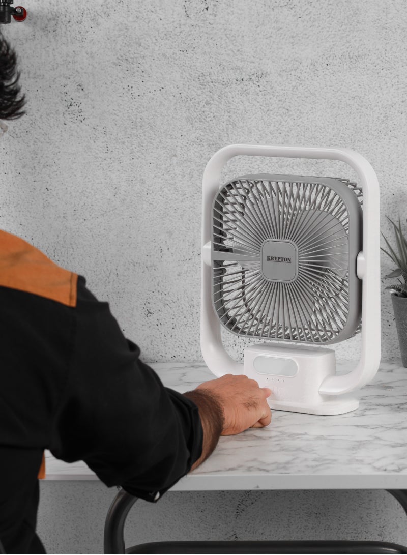 KRYPTON 8" Rechargeable Fan With Light, 3 Speed Selection With LED Light Function, Rechargeable Lithium Battery, 10 Hours Working Time Of Fan, 30 Hours Working Time Of LED KNF6131 White - Image 3