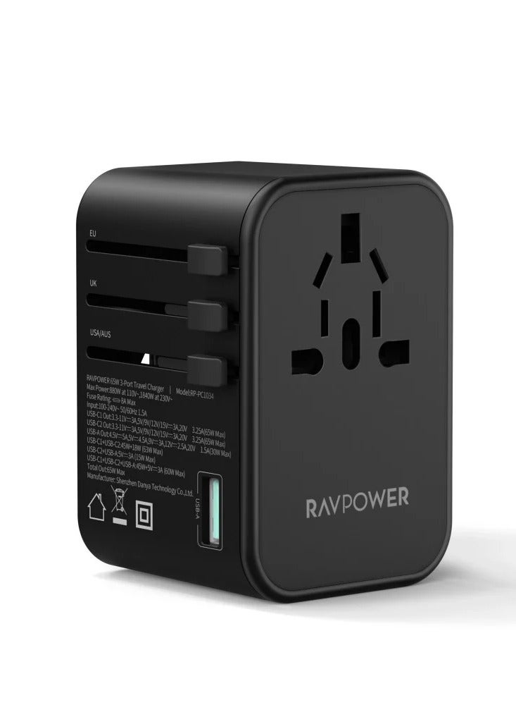 راف باور شاحن سفر متعدد المنافذ بقوة 65 وات مع منفذين من النوع C ومنفذ USB واحد - أسود - Image 1