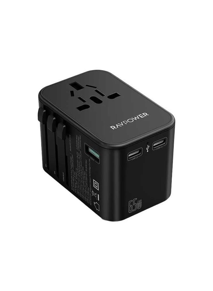 راف باور شاحن سفر متعدد المنافذ بقوة 65 وات مع منفذين من النوع C ومنفذ USB واحد - أسود - Image 2