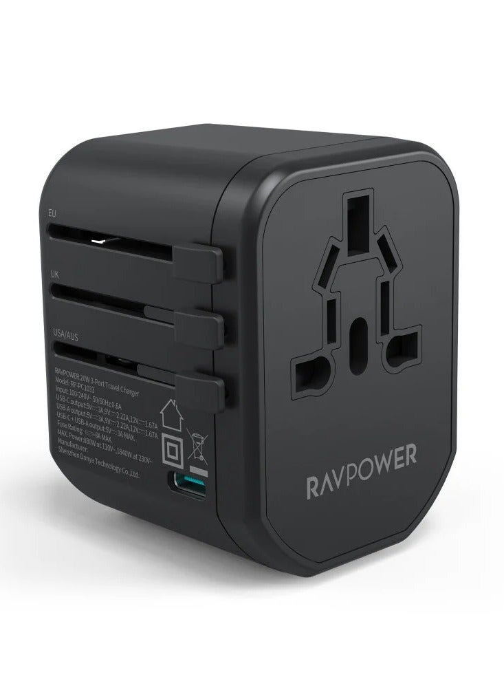RAVPOWER 20W Multi-Port Travel Charger with 2 USB Ports and 1 Type-C Port - Black Black  - Image 2