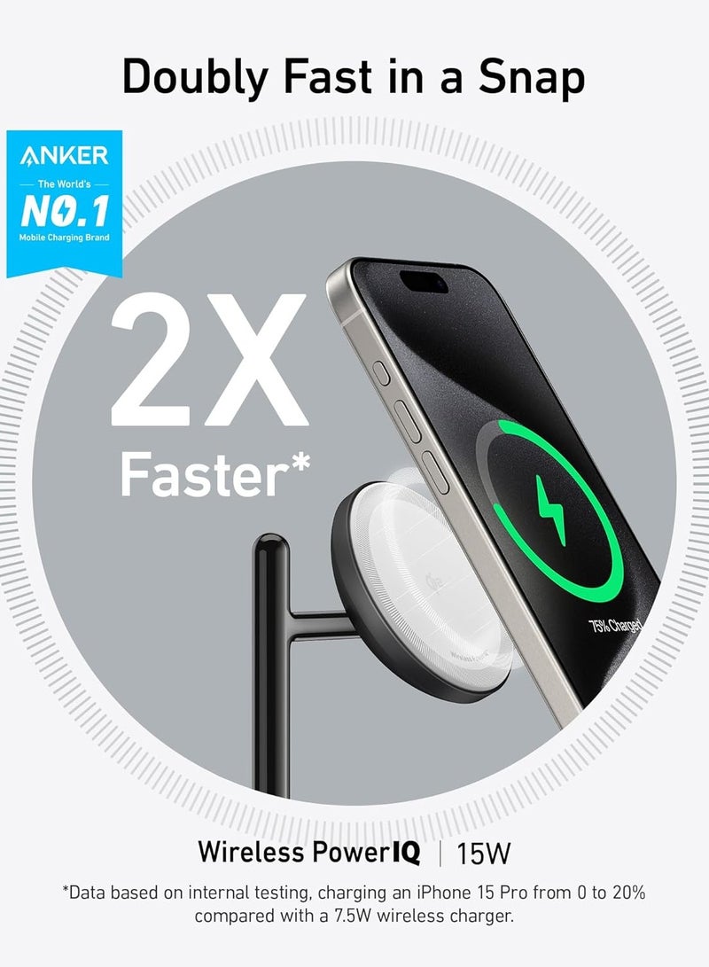 Anker - MagSafe Charger Compatible, Anker 3-in-1 Wireless Charging Station, Qi2 Certified 15W Wireless Stand, For iPhone 15/14 Series, AirPods Pro, Apple Watch Ultra (USB C Charger and Cable Included) Black - Image 1