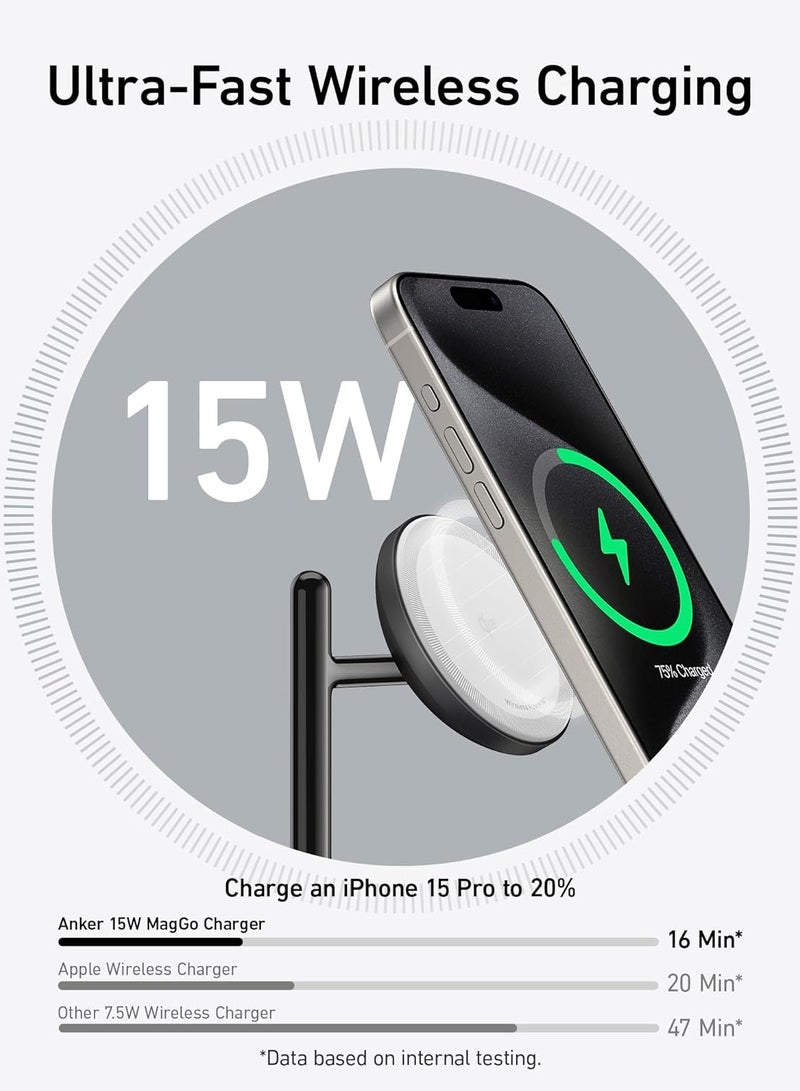 Anker - MagSafe Charger Compatible, Anker 3-in-1 Wireless Charging Station, Qi2 Certified 15W Wireless Stand, For iPhone 15/14 Series, AirPods Pro, Apple Watch Ultra (USB C Charger and Cable Included) Black - Image 1