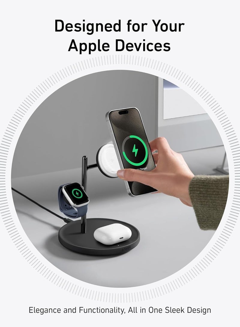 Anker - MagSafe Charger Compatible, Anker 3-in-1 Wireless Charging Station, Qi2 Certified 15W Wireless Stand, For iPhone 15/14 Series, AirPods Pro, Apple Watch Ultra (USB C Charger and Cable Included) Black - Image 1