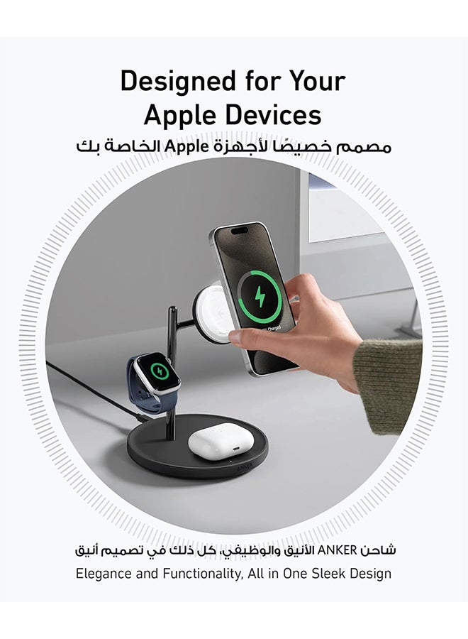 3-in-1 Wireless Charging Station, MagSafe Charger Compatible, Qi2 Certified 15W Wireless Stand, For iPhone 16/15/14 Series, AirPods Pro, Apple Watch Ultra (USB C Charger and Cable Included) Black