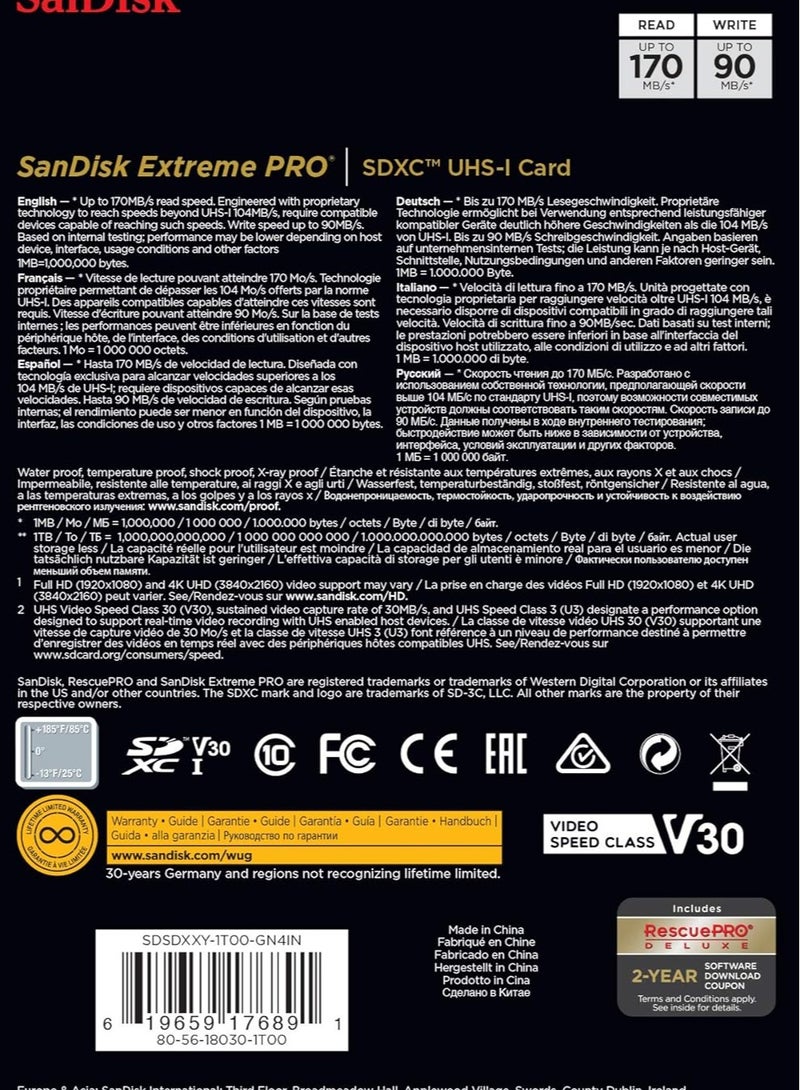 سانديسك بطاقة Extreme Pro SDXC UHS-I - C10، U3، V30، 4K UHD، بطاقة SD - Sdsdxxy-1T00-Gn4In  - Image 3